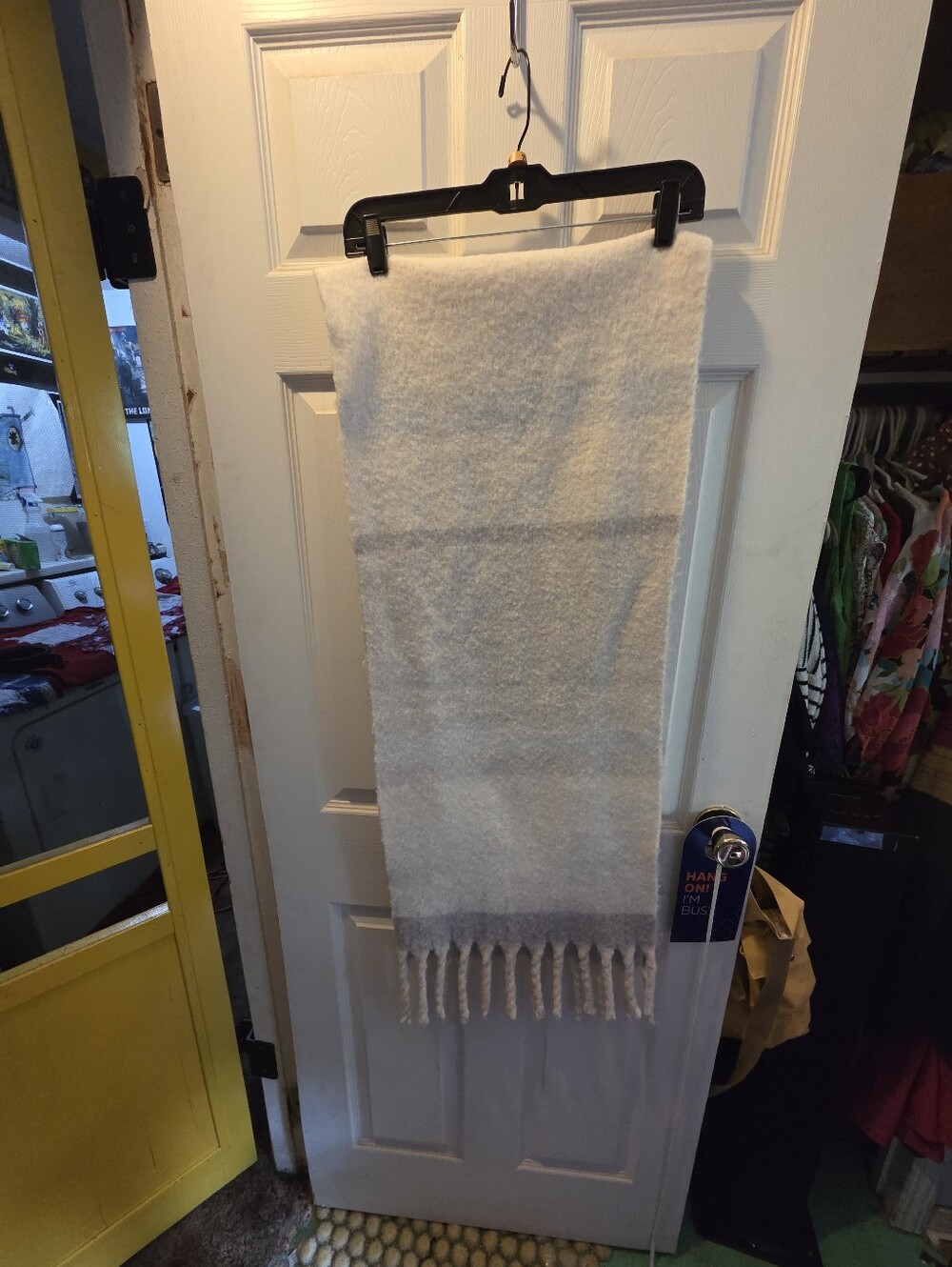Lemon White and Light Grey Scarf with Light Gray Fringe